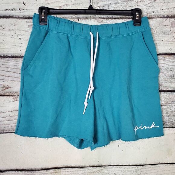 Victoria’s Secret PINK Lounge Shorts Women’s Size Large Teal Raw Hem Drawstring - Picture 1 of 5